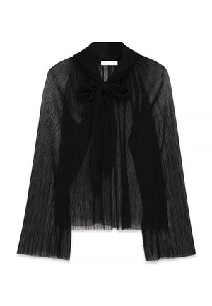 Zwarte geplooide blouse met een sjawl-kraag, voorzien van een gestrikte strikdetail bij de halslijn en lange, doorschijnende mouwen. Licht en gestructureerde stof.