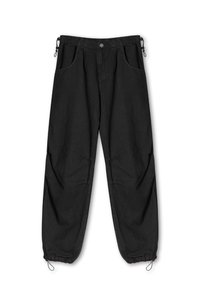 Crne hlače s elastičnom waistband, prednjim džepovima i manžetama na vezanje. Izrađene od mekanog materijala s opuštenim dizajnom ravnog kroja.