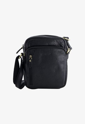 Zwarte leren crossbodytas met een gestructureerde afwerking. Voorzien van goudkleurige hardware, één voorvak met ritssluiting en een verstelbare riem.