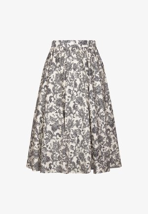 Witte A-lijn rok met zwarte ingewikkelde bloem- en bladmotieven, geplooide tailleband, knielengte, vloeiende stof.