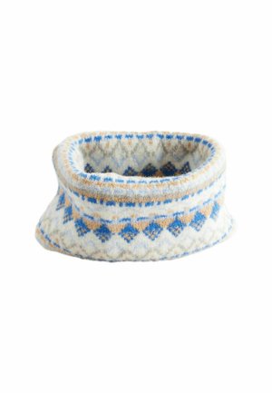Strickzylinder-Nackenwärmer in Weiß, Beige und Blau mit geometrischen Mustern; weiche Textur und umgeschlagener Rand für zusätzlichen Komfort.