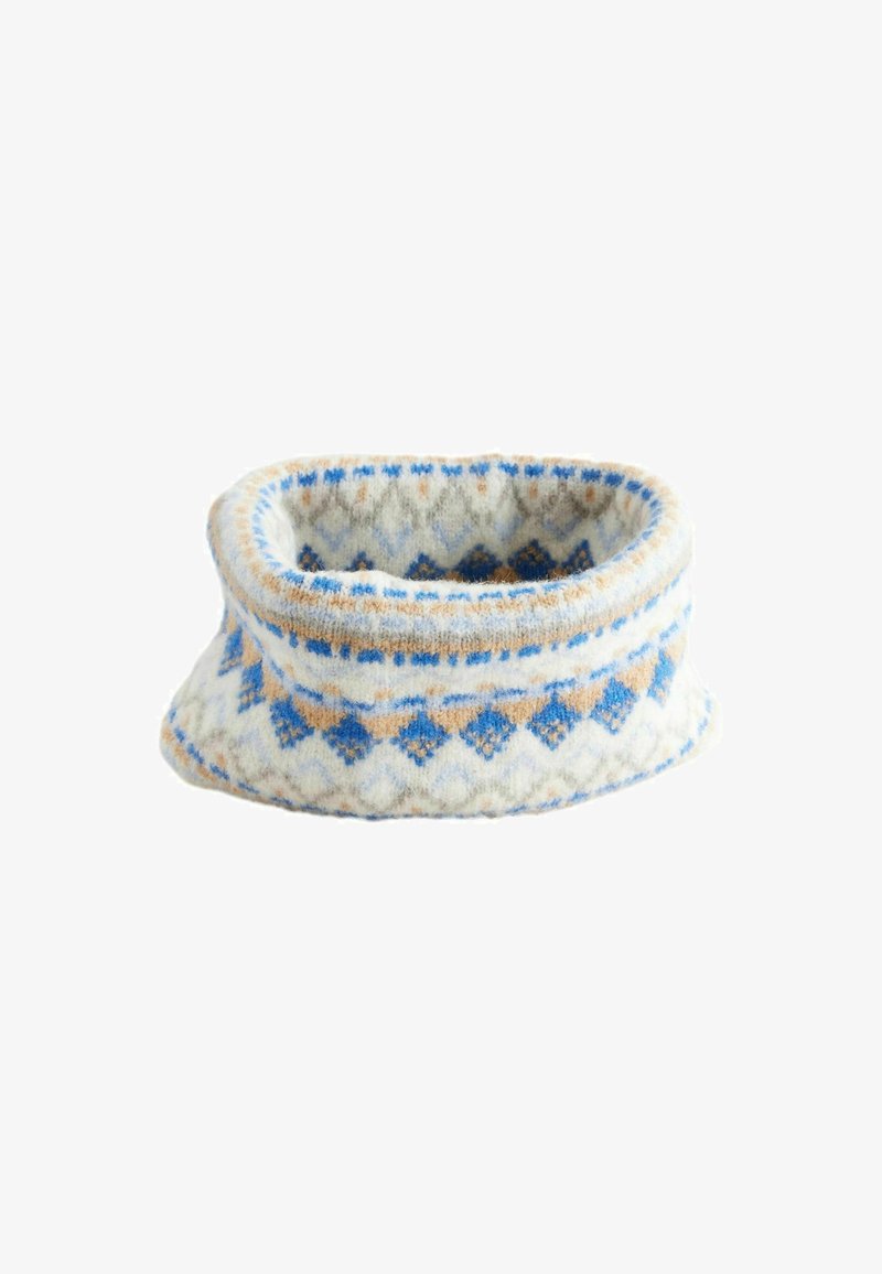 Knit circular neck warmer in white, tan, and blue with geometric patterns; soft texture and folded edge for comfort.