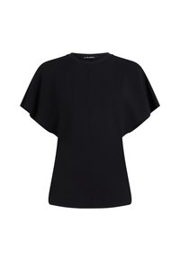 Top nero a maniche corte realizzato in tessuto leggero, con una vestibilità rilassata e un design senza cuciture. Struttura semplice e versatile.