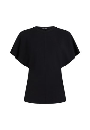 Black short-sleeve top made from lightweight fabric, featuring a relaxed fit and a seamless design. Simple and versatile structure.