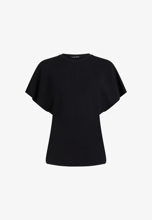 Top scurt negru, cu mânecă scurtă, realizat dintr-un material ușor, cu un croi lejer și un design fără cusături. Structură simplă și versatilă.