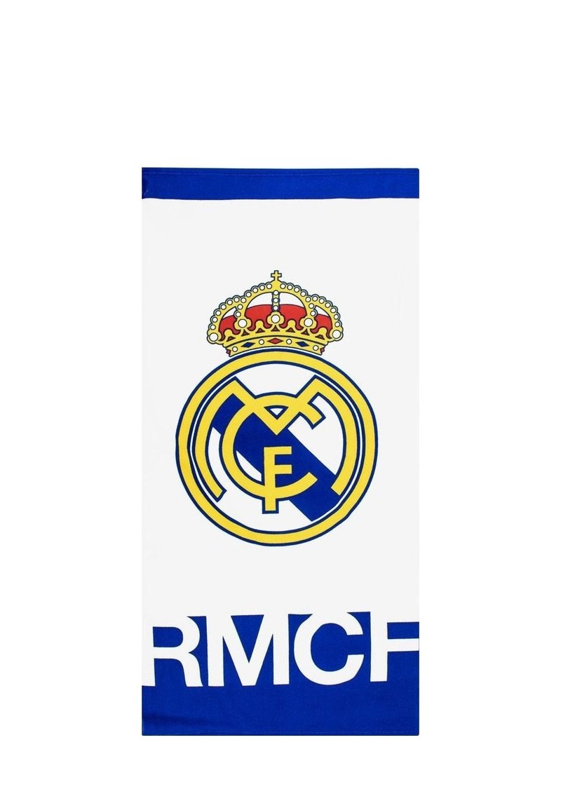 Asciugamano bianco con il logo del Real Madrid giallo e blu. In basso è presente la scritta "RMFC" in grassetto blu. Accenti blu nella parte superiore.