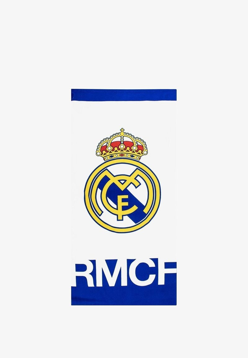 Witte handdoek met een geel en blauw Real Madrid-logo. Onder staat "RMFC" in vetblauwe letters. Blauwe accenten aan de bovenkant.