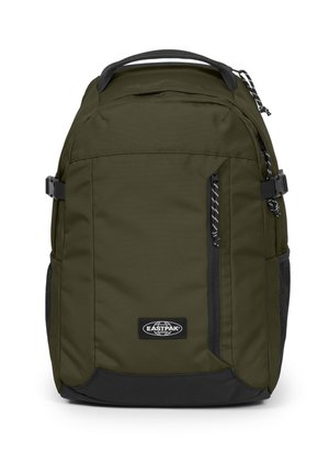 Groene nylon rugzak met zwarte accenten, voorzien van meerdere compartimenten, verstelbare schouderbanden en een mesh zijvak. Eastpak-logo erop afgebeeld.
