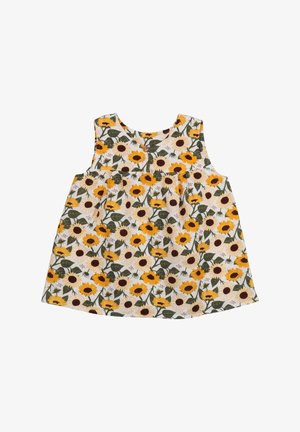 Sleeveless dress featuring a floral pattern with yellow sunflowers and white daisies on a cream background. Lightweight fabric, round neckline.