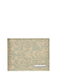 Green and beige textured wallet featuring floral patterns, stitched edges, and a silver logo plate on the front. Compact rectangular design.