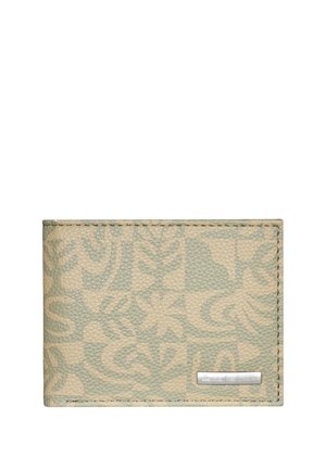Green and beige textured wallet featuring floral patterns, stitched edges, and a silver logo plate on the front. Compact rectangular design.