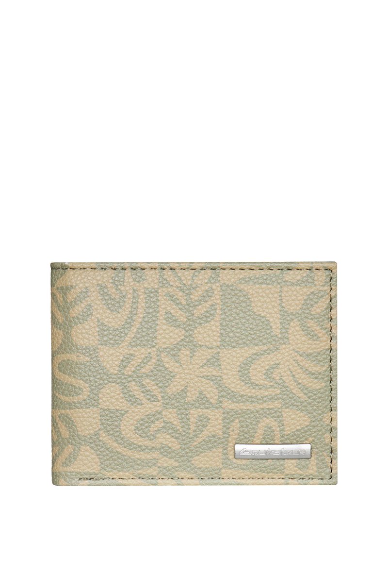 Green and beige textured wallet featuring floral patterns, stitched edges, and a silver logo plate on the front. Compact rectangular design.