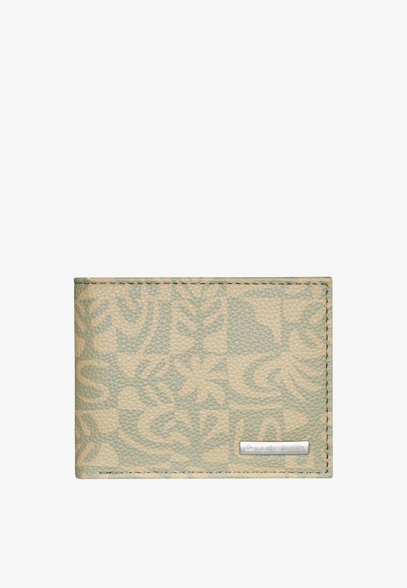 Green and beige textured wallet featuring floral patterns, stitched edges, and a silver logo plate on the front. Compact rectangular design.