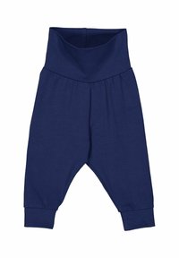 Pantalons en coton doux bleu marine avec une large ceinture chevauchante et des poignets fuselés. Présente une coupe ample et des détails froncés au niveau des hanches.