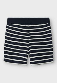 Navyblaue und weiße gestreifte Shorts mit einem weichen, elastischen Bund, aus einem glatten Baumwollgemisch, das kontrastierende Streifen aufweist.