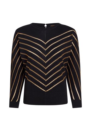 Schwarzer Pullover mit goldenen Chevronstreifen, Rundhalsausschnitt, langen Ärmeln und einem kleinen Knopfverschluss auf der Rückseite. Weicher Stoff.