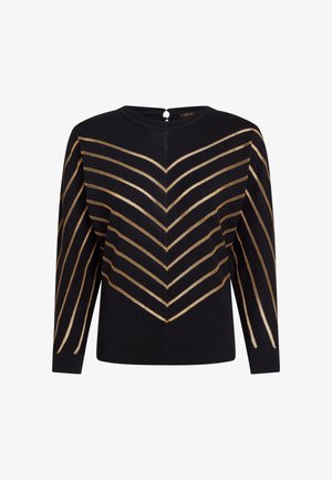 Pull noir avec des rayures en chevron doré, col rond, manches longues et une petite fermeture à bouton au dos. Texture de tissu douce.
