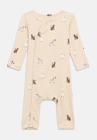 Μπέζ ριμπ μωρουδιακή φόρμα με μακριά μανίκια, με μοτίβο από στιλιζαρισμένα ζώα σε καφέ και λευκό. Κουμπώνει με στρας μπροστά.