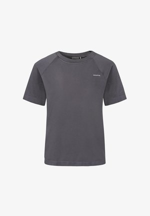 Korte mouwen grijs T-shirt met een ronde hals, gemaakt van gladde stof. Heeft een subtiele logo op de borst en een rechte zoom.