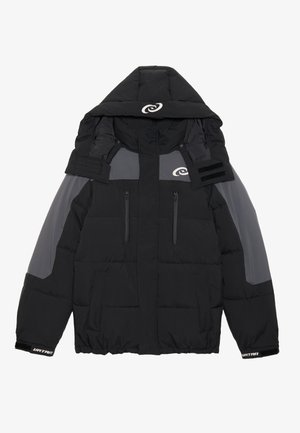 Black puffer jacket with gray panel accents, zippered pockets, adjustable hood, and logo detail. Features a quilted texture and elastic cuffs.