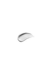 Witte cosmetische crèmeswatch met een gladde, licht glanzende textuur, gevormd in een gebogen vorm, geplaatst op een witte achtergrond.