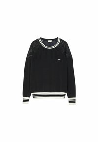 Czarny sweter z okrągłym dekoltem, z prążkowanym przodem, koronkowymi akcentami na ramionach oraz prążkowanymi mankietami i dolną krawędzią. Małe logo na klatce piersiowej.