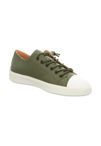 Olive green leather sneaker with a white rubber toe cap, lace-up design, and textured white sole. Interior features a tan lining.