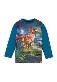 T-shirt a maniche lunghe con stampa grafica di un dinosauro sulla parte anteriore, maniche turchesi, materiale in cotone e dettaglio testuale "DINO WORLD".