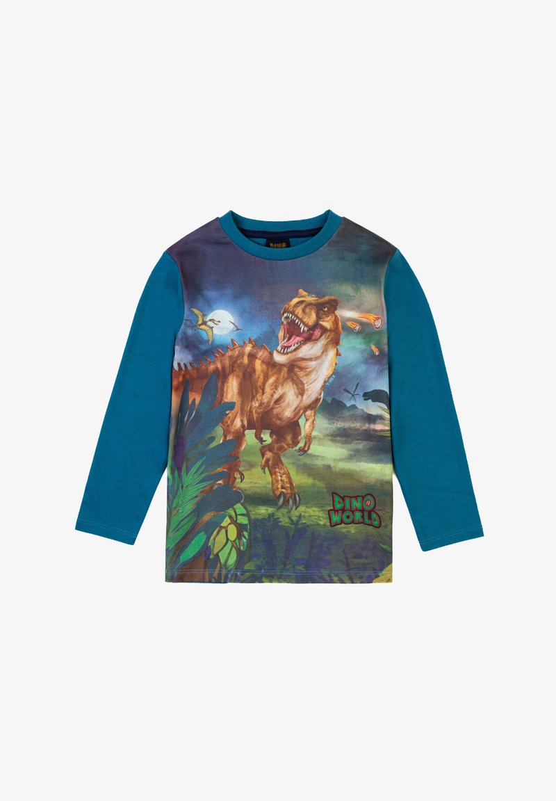 Langarm-T-Shirt mit einem Dinosaurier-Grafikdruck auf der Vorderseite, türkisfarbenen Ärmeln, aus Baumwollmaterial und "DINO WELT"-Textdetail.
