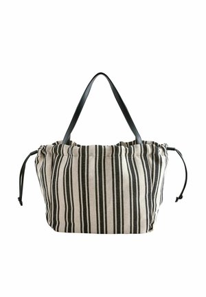 Stribet beige og sort stofnet med sorte læderhåndtag og snorelukninger på begge sider.