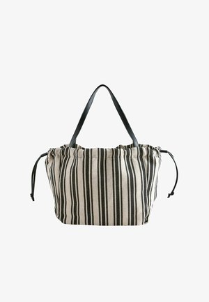 Gestreifte Tragetasche aus beigem und schwarzem Stoff mit schwarzen Ledergriffen und Zugbandverschlüssen an beiden Seiten.