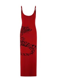 Rotes ärmelloses Kleid mit einem großen schwarzen Tiger-Print an der Seite, entworfen in einer eleganten, figurbetonten Silhouette.