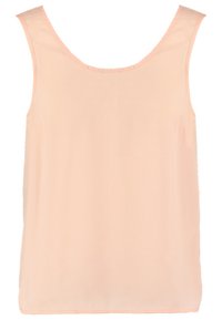 Vaalean persikan värinen hihaton toppi, joka on valmistettu sileästä kankaasta ja jossa on pyöreä kaula-aukko sekä hienovaraiset rypytys-yksityiskohdat olkapäillä.