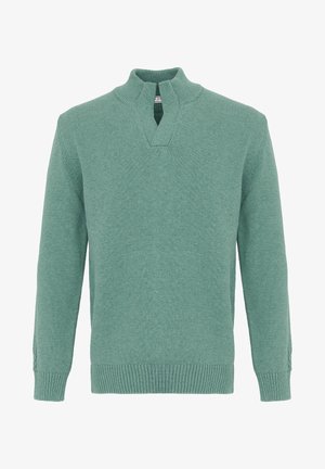 Maglione verde in maglia con maniche lunghe e collo corto a lupetto con una piccola tacca a forma di V sul davanti.