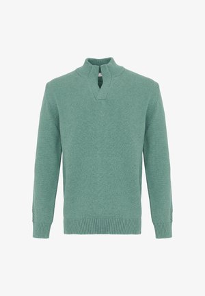 Maglione verde in maglia con maniche lunghe e collo corto a lupetto con una piccola tacca a forma di V sul davanti.