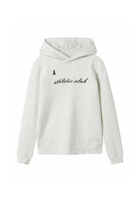 Haut à capuche en coton gris avec une poche kangourou à l'avant, un cordon de serrage pour la capuche et un texte cursif noir indiquant "club athlétique" avec un "A" en majuscule.