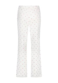 White pajama pants with red heart pattern, elastic waistband, straight leg design, and lightweight fabric, suitable for comfort and ease of movement.