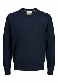 Maglione blu navy a scollo a V realizzato in tessuto morbido. Maniche lunghe con polsini e fondo a coste. Design semplice con finiture pulite e senza motivi.