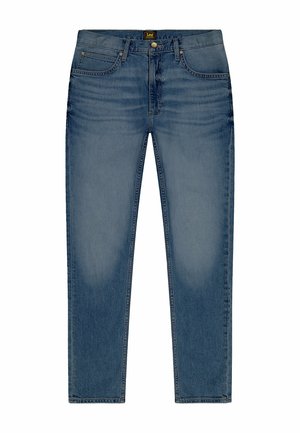 Blaue, verwaschene, gerade geschnittene Jeans aus Denim mit Knopf- und Reißverschluss, vorderen und hinteren Taschen sowie Gürtelschlaufen.