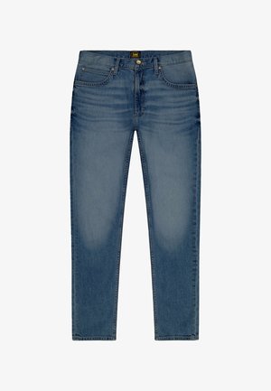 Blaue, verwaschene, gerade geschnittene Jeans aus Denim mit Knopf- und Reißverschluss, vorderen und hinteren Taschen sowie Gürtelschlaufen.