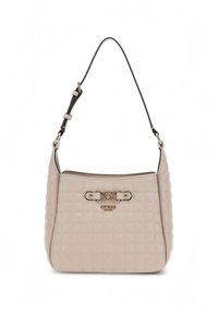 Beige quilted leather handbag with a black adjustable strap, featuring a gold-tone clasp and logo detail on the front.