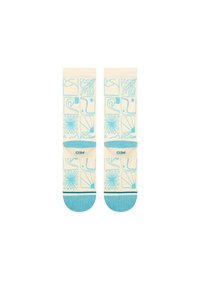 Cream socks with blue abstract patterns, including floral and wave designs. Solid blue toes and cuffs. Material appears soft and stretchy.