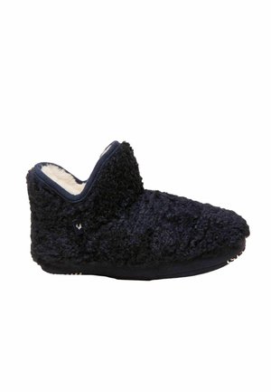 Pantofole stivali in pile blu navy con caviglia alta, morbida fodera interna e suola texturizzata per comfort e calore indoor.
