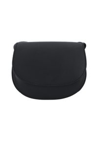 Lille sort læder crossbody-taske med rundet flap og synlige syninger, vist mod en ensfarvet hvid baggrund.