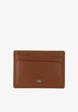 Brown leather cardholder with three card slots and a small silver bull head emblem in the center on a white background.
