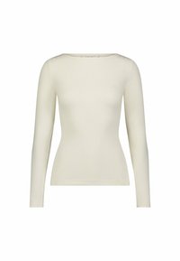 Pika-sleeve top heled off-white ribakangast, ringikujulise kaeluse ja liibuva disainiga, millel on õrn logodetail rinnas.