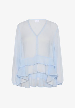 Jasnoniebieska bluzka wykonana z przezroczystego materiału, z dekoltem w kształcie litery V, długimi rękawami i warstwowym wykończeniem w postaci falbanek. Subtelna tekstura na całej powierzchni.