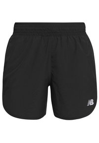 Svarta sportshorts i lättviktsmaterial, med elastisk midja och en liten grå logotyp på nedre högra sidan.
