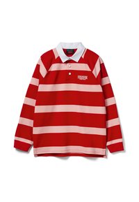 Długi rękaw polówki w paski czerwone i różowe, z białym kołnierzykiem i logo "Stranger Things" na piersi. Wykonana z bawełny, o luźnym kroju.
