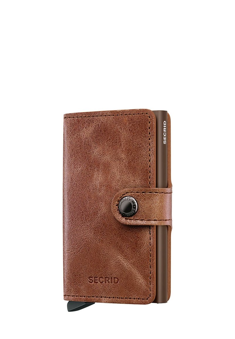 Brown leather wallet featuring a rounded shape, smooth texture, and a black button closure; includes a visible card holder on the side.